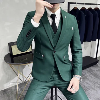 (Блейзер + Жилет + Брюки) Высококачественный Шерстяной Мужской костюм В Корейском стиле, Зеленое Однотонное Свадебное Платье Жениха, Комплекты из Трех частей
