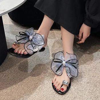 Женская обувь 2023 года, Новые Модные Летние Уличные Легкие Однотонные Пляжные Вьетнамки С Круглым Носком и Бантом На Плоской подошве, Zapatos De Mujer