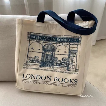 Женская холщовая сумка через плечо с принтом London Books, женская повседневная сумка-тоут, Многоразовая хлопковая пляжная сумка для покупок Большой емкости