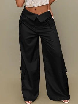 Женские брюки-карго, женские парашютные брюки с отворотом на талии, повседневные прямые брюки с карманами с клапанами