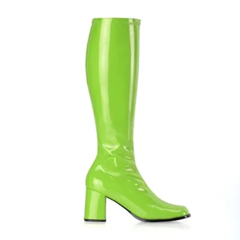 Женские сапоги до колена из лакированной кожи фруктово-зеленого цвета на массивном каблуке с боковой застежкой-молнией в тон ботинкам для выступлений на сцене ярких цветов