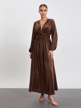 Женское осеннее вельветовое платье с длинным рукавом, глубокий V-образный вырез, однотонное длинное платье трапециевидной формы, винтажное струящееся платье
