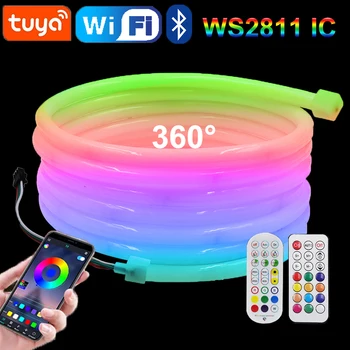 Круглая неоновая светодиодная лента Dream Color 24V WS2811 IC RGB Smart WiFi Bluetooth Пульт дистанционного управления, Водонепроницаемая Неоновая Веревка, Праздничный декор