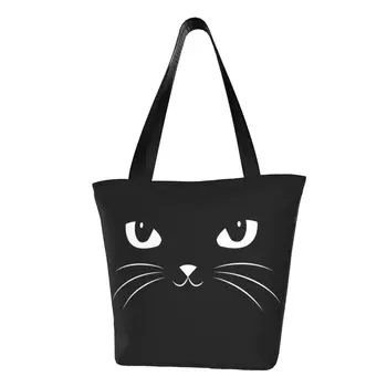Милая сумка для покупок с черным котом, винтажные сумки с милыми животными, уличная одежда, женские дизайнерские сумки для покупок, кавайная сумка из полиэстера