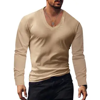 Мужские весенне-летние пуловеры с V-образным вырезом, топы с длинным рукавом, однотонная облегающая футболка с высокой эластичностью, уличная одежда