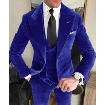 Новый модный бархатный мужской костюм высокого качества с козырьком и лацканами, однобортный, из 3 предметов, Деловой Свадебный смокинг, блейзер, жилет, брюки