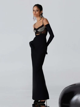 Сексуальное Черное Бандажное платье без рукавов на бретельках с бусинами, женское Сетчатое платье в стиле Пэчворк с V-образным вырезом, Длинное облегающее платье в стиле Пэчворк, Вечернее платье для клубной вечеринки