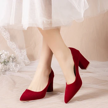 Французские красные свадебные туфли для женщин 2024, весна/Лето / осень, новые туфли для невесты на толстом каблуке с острым носком, не утомляющие ноги